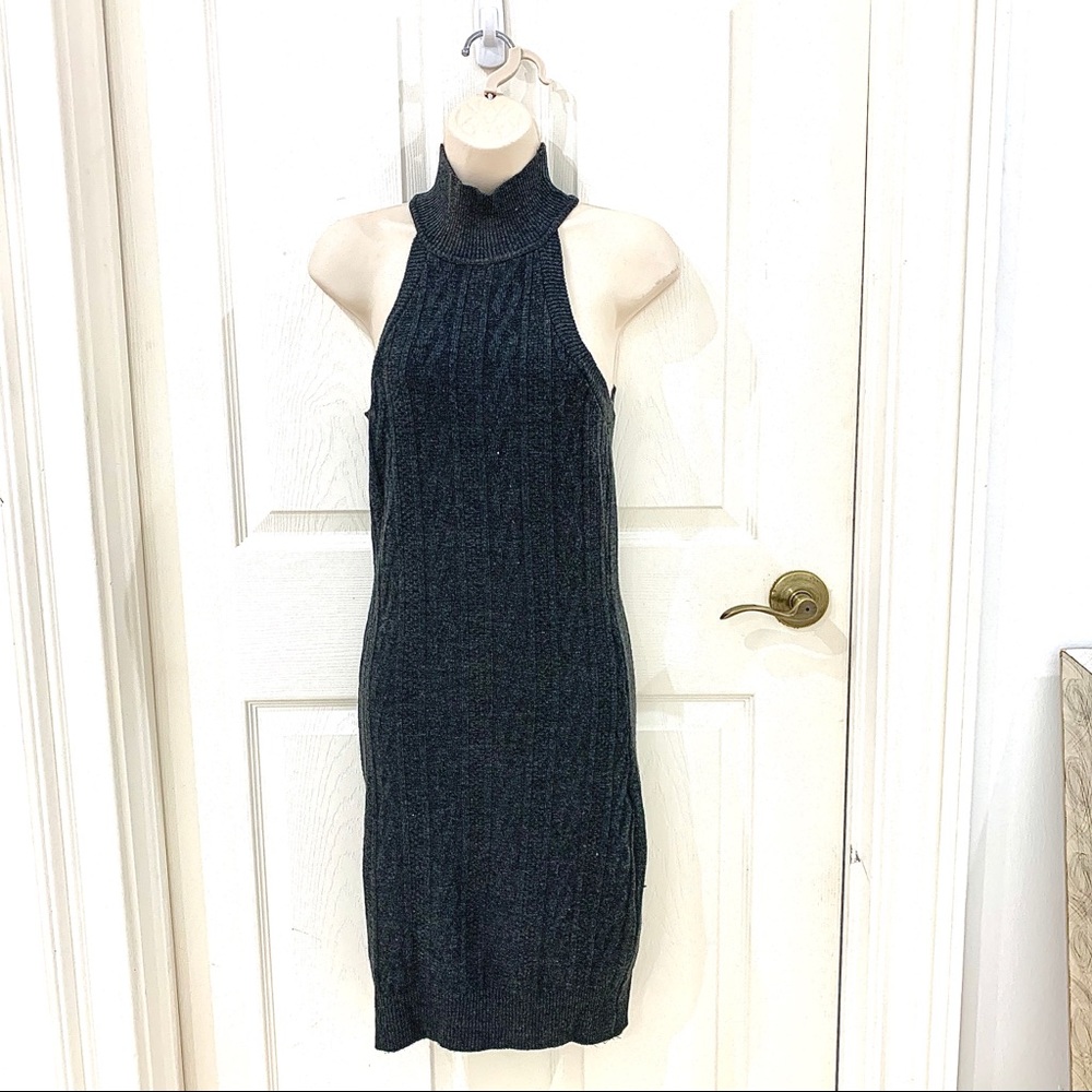 Dark Grey Sleeveless Turtle Neck Sweater Dress